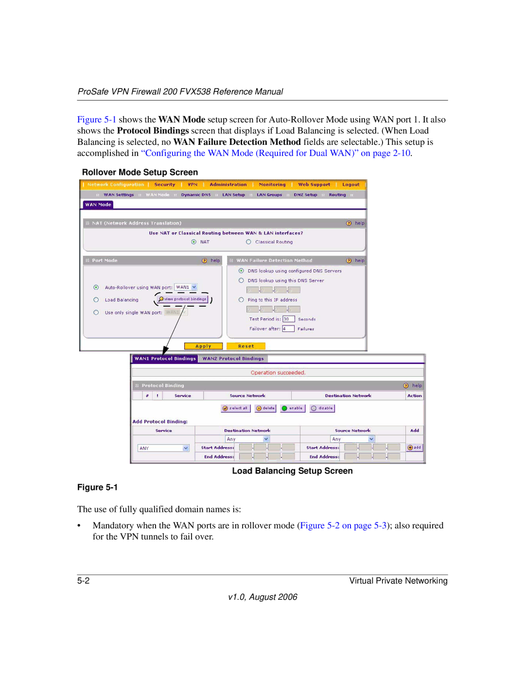 NETGEAR VPN Firewall 200 FVX538 manual Rollover Mode Setup Screen Load Balancing Setup Screen 