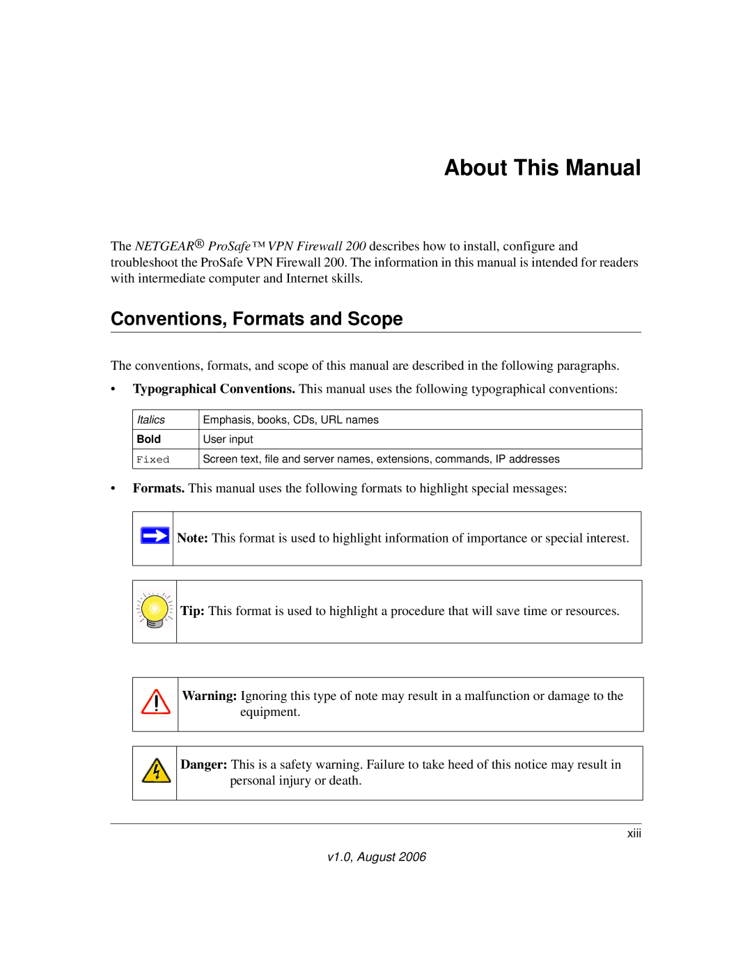 NETGEAR VPN Firewall 200 FVX538 manual About This Manual, Conventions, Formats and Scope 