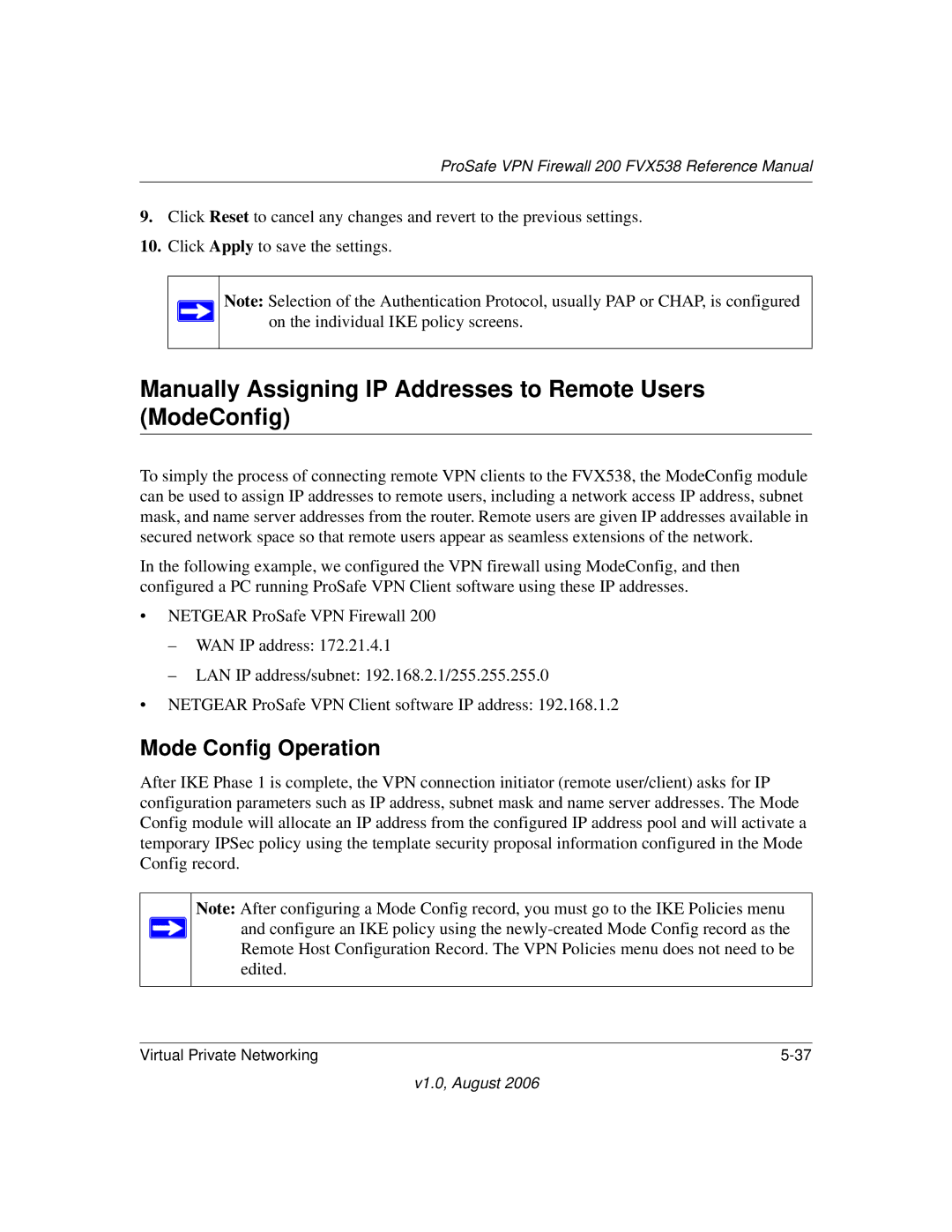 NETGEAR VPN Firewall 200 FVX538 manual Manually Assigning IP Addresses to Remote Users ModeConfig, Mode Config Operation 