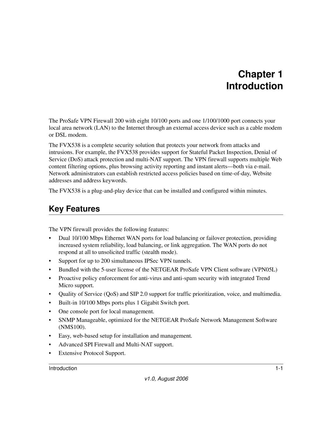 NETGEAR VPN Firewall 200 FVX538 manual Chapter Introduction, Key Features 