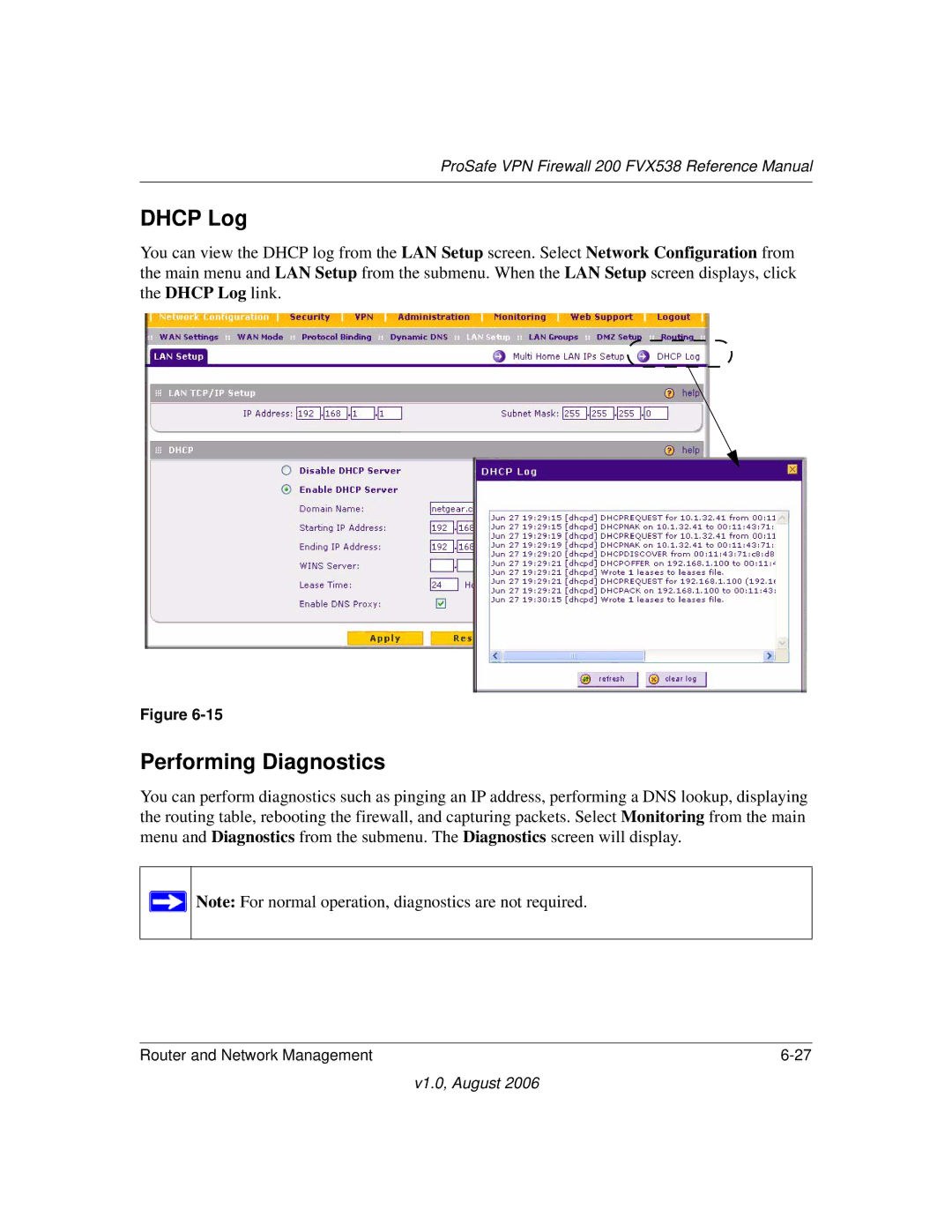 NETGEAR VPN Firewall 200 FVX538 manual Dhcp Log, Performing Diagnostics 