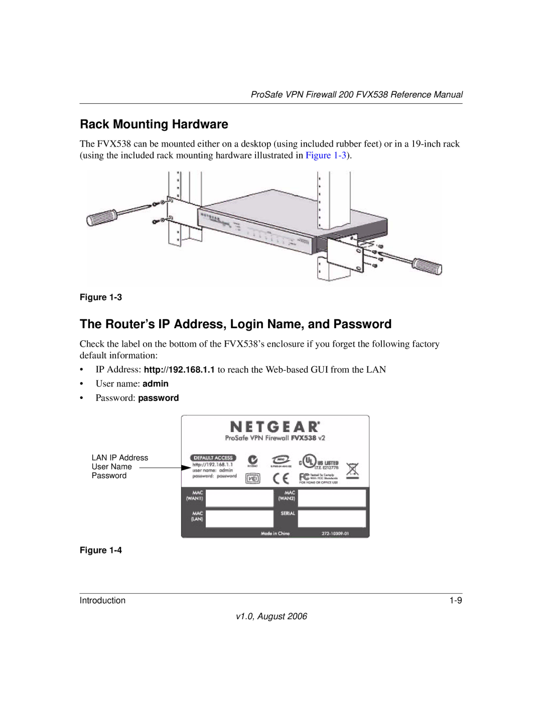 NETGEAR VPN Firewall 200 FVX538 manual Rack Mounting Hardware, Router’s IP Address, Login Name, and Password 