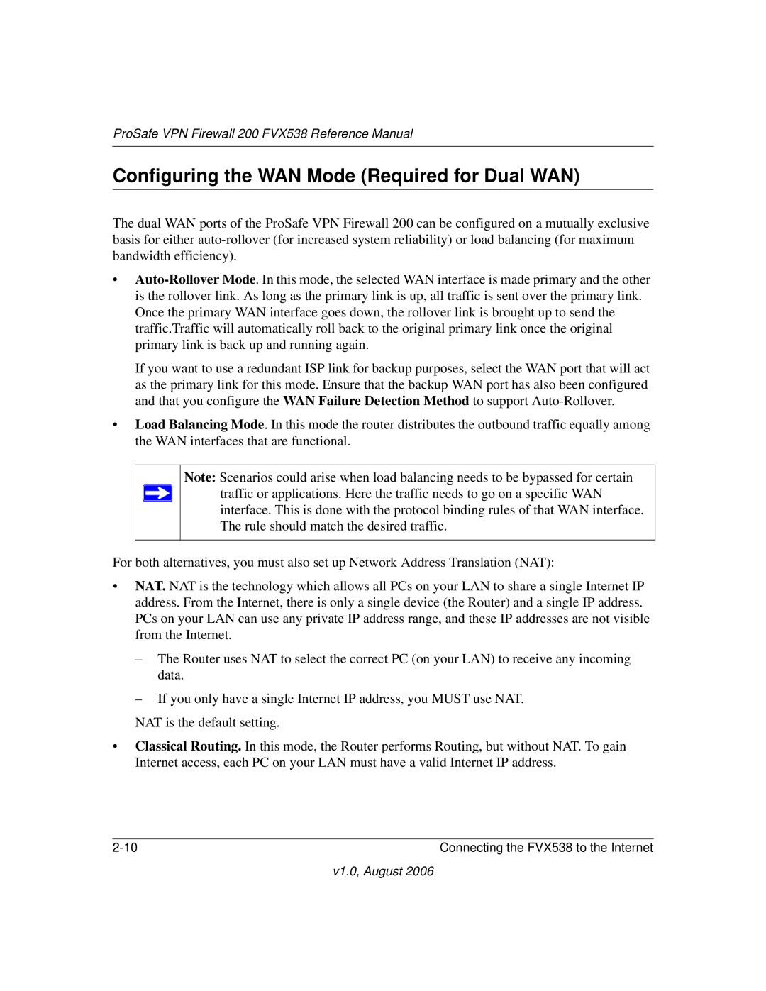 NETGEAR VPN Firewall 200 FVX538 manual Configuring the WAN Mode Required for Dual WAN 