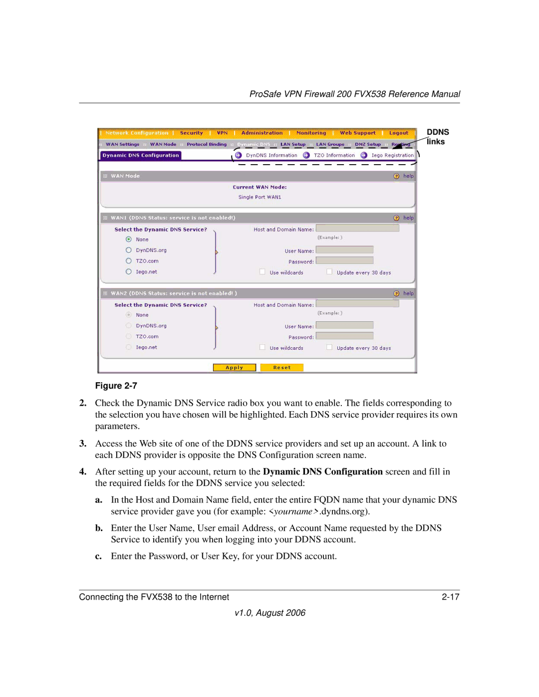 NETGEAR VPN Firewall 200 FVX538 manual Ddns links 