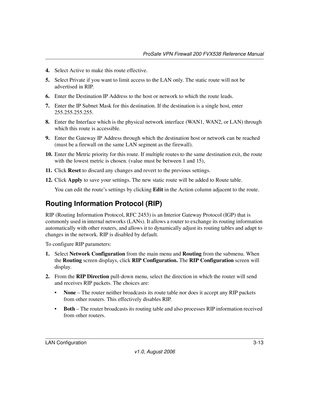 NETGEAR VPN Firewall 200 FVX538 manual Routing Information Protocol RIP 