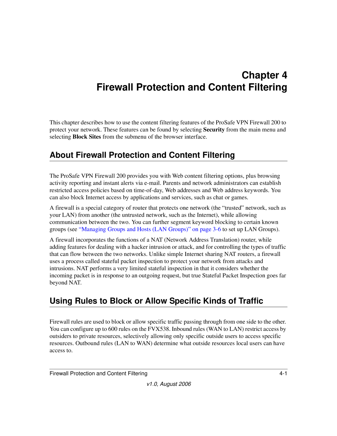 NETGEAR VPN Firewall 200 FVX538 manual About Firewall Protection and Content Filtering 