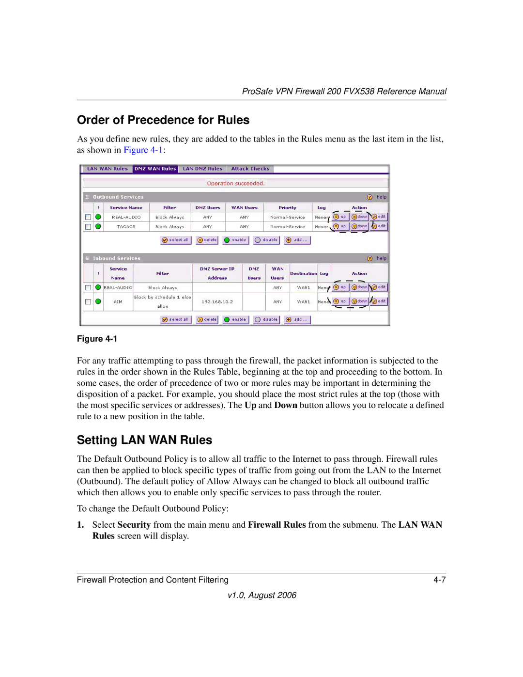 NETGEAR VPN Firewall 200 FVX538 manual Order of Precedence for Rules, Setting LAN WAN Rules 