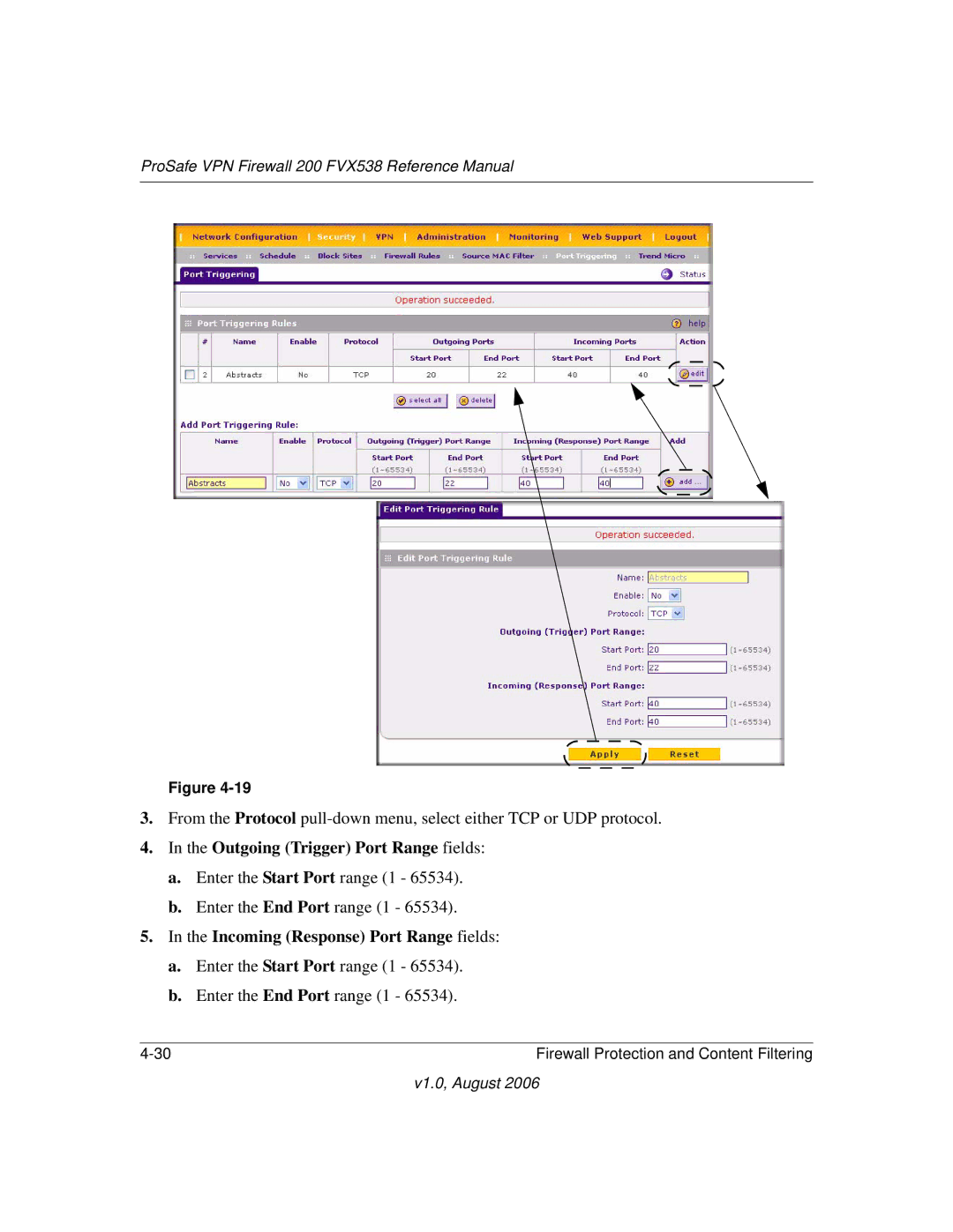 NETGEAR VPN Firewall 200 FVX538 manual Outgoing Trigger Port Range fields 