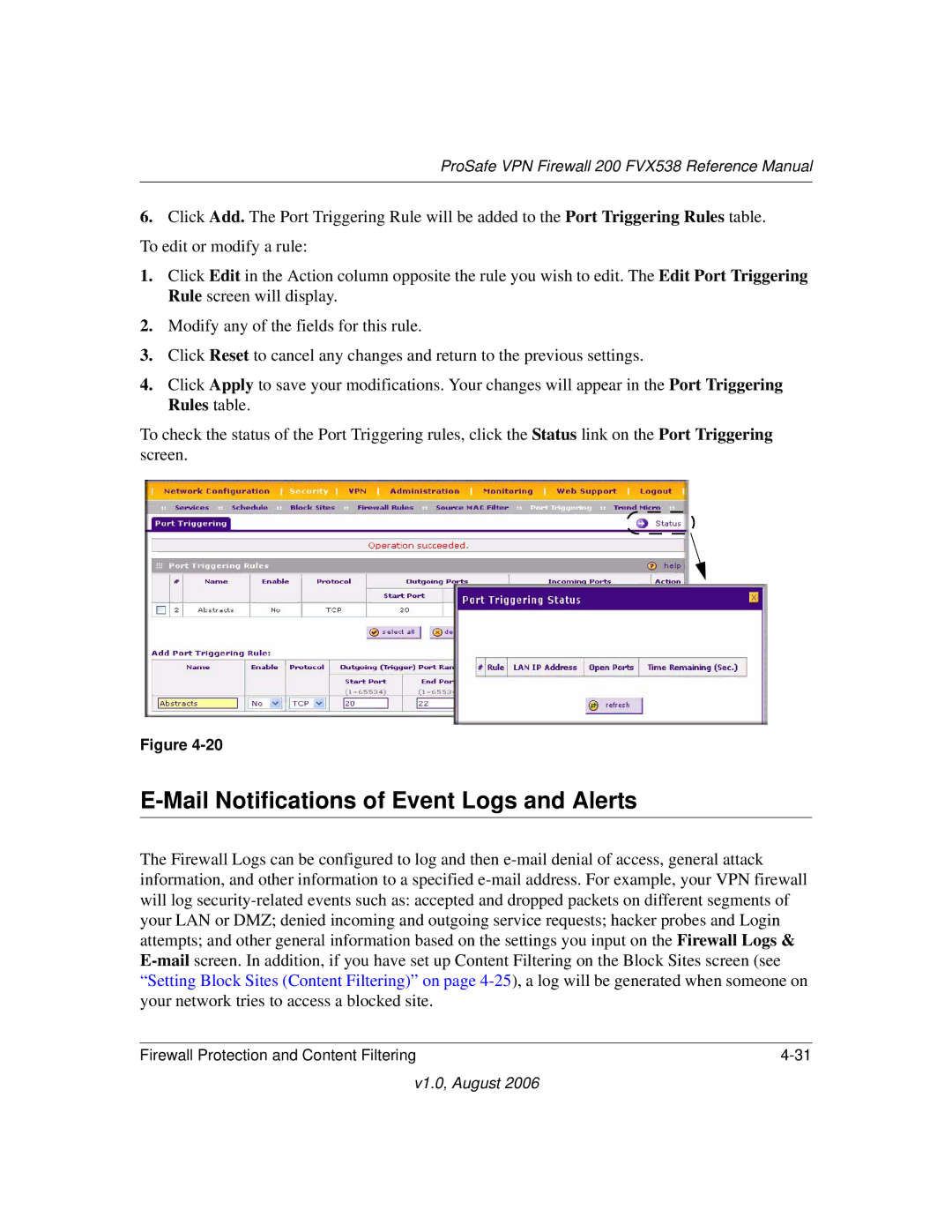 NETGEAR VPN Firewall 200 FVX538 manual Mail Notifications of Event Logs and Alerts 