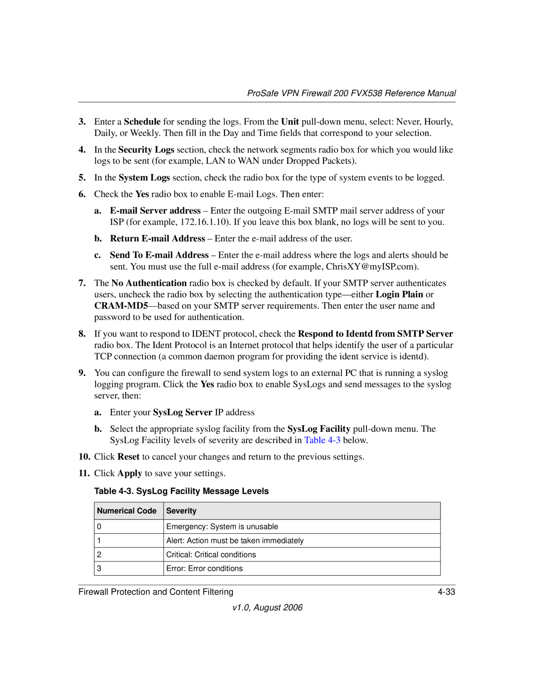 NETGEAR VPN Firewall 200 FVX538 manual SysLog Facility Message Levels, Numerical Code Severity 