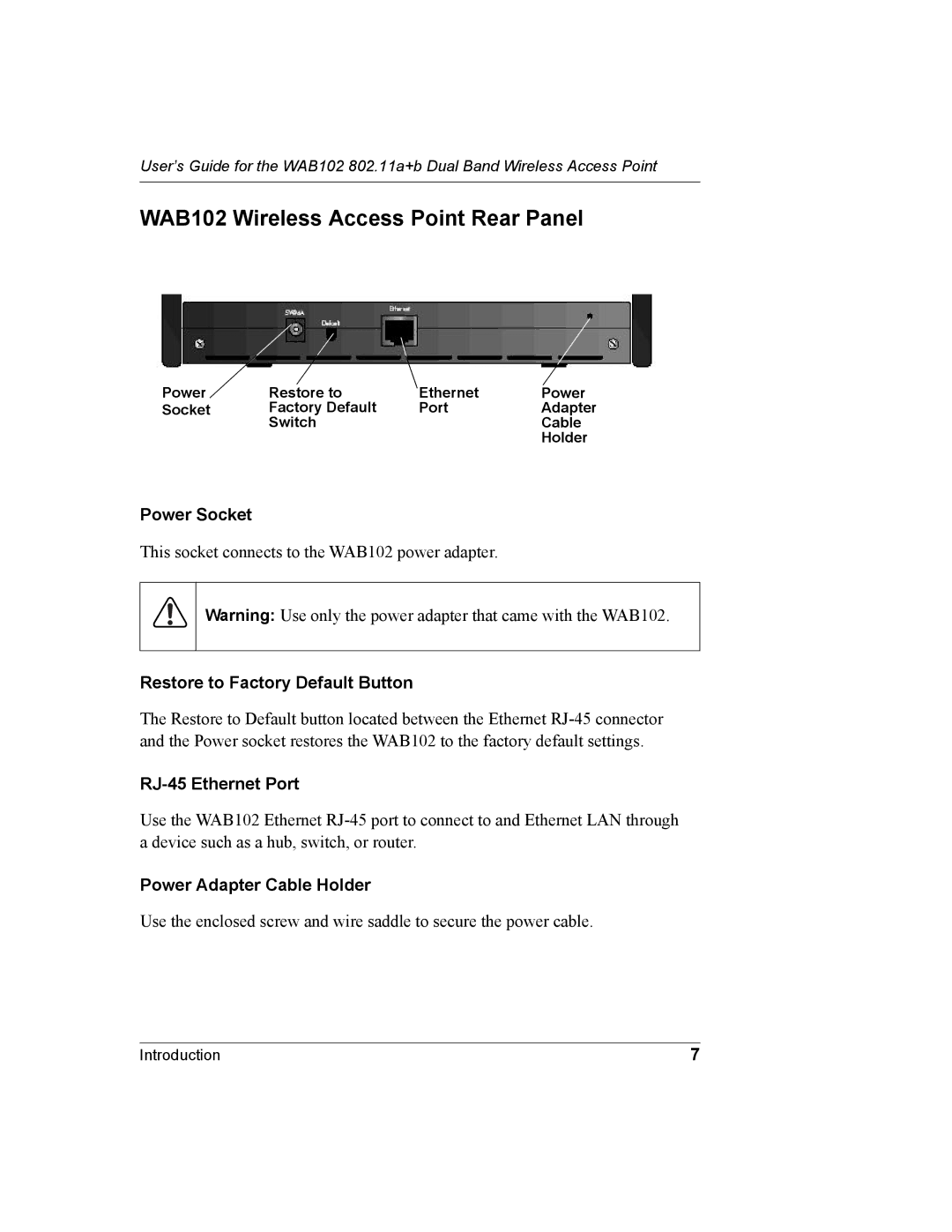 NETGEAR manual WAB102 Wireless Access Point Rear Panel, Restore to Factory Default Button 