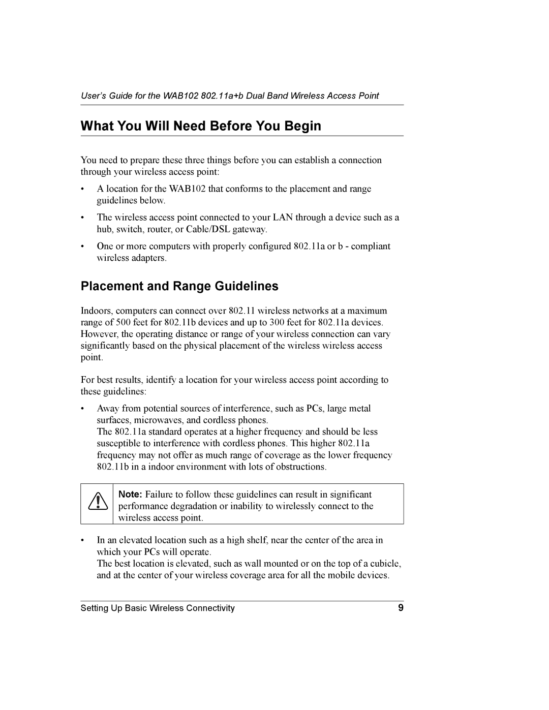 NETGEAR WAB102 manual What You Will Need Before You Begin, Placement and Range Guidelines 