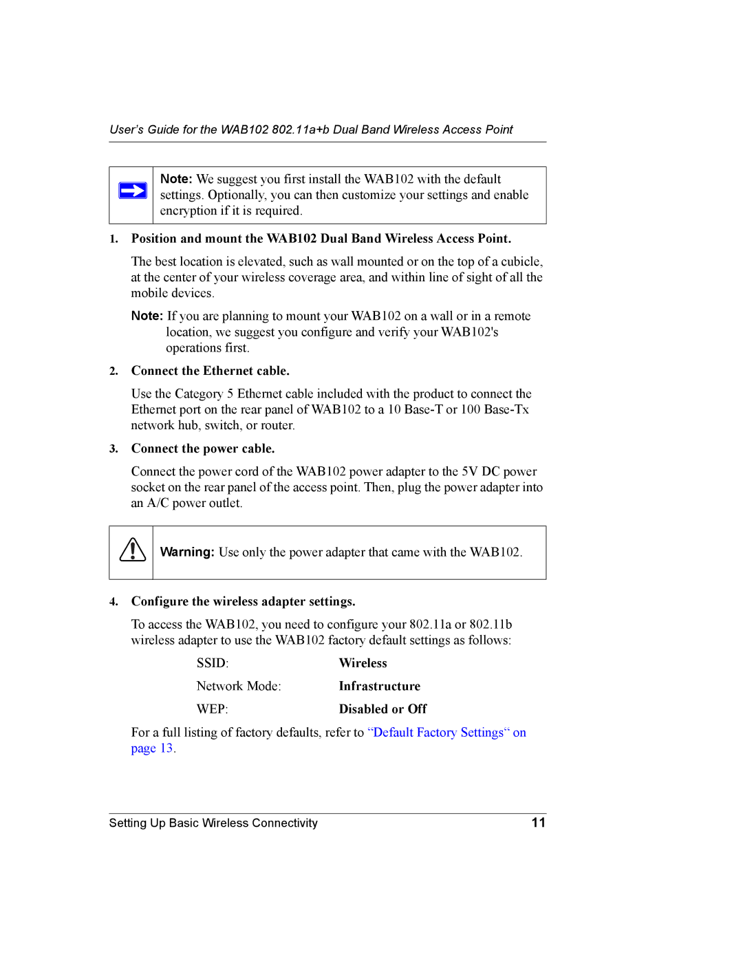 NETGEAR WAB102 manual Wireless 