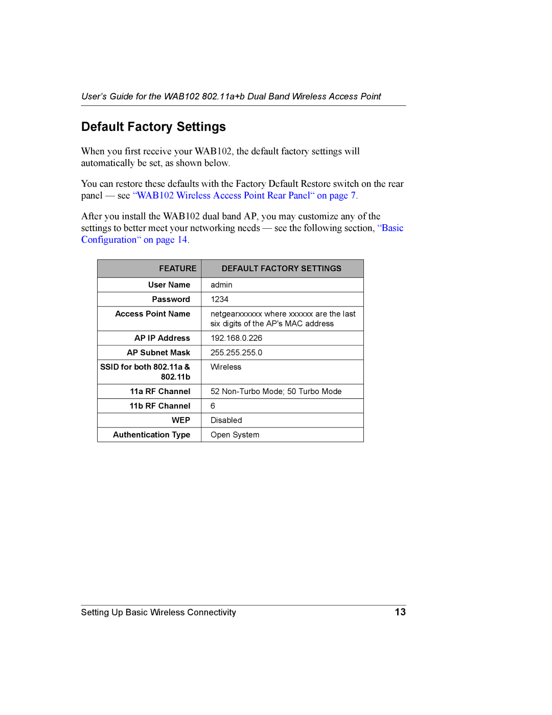 NETGEAR WAB102 manual Default Factory Settings, Disabled, Authentication Type Open System 