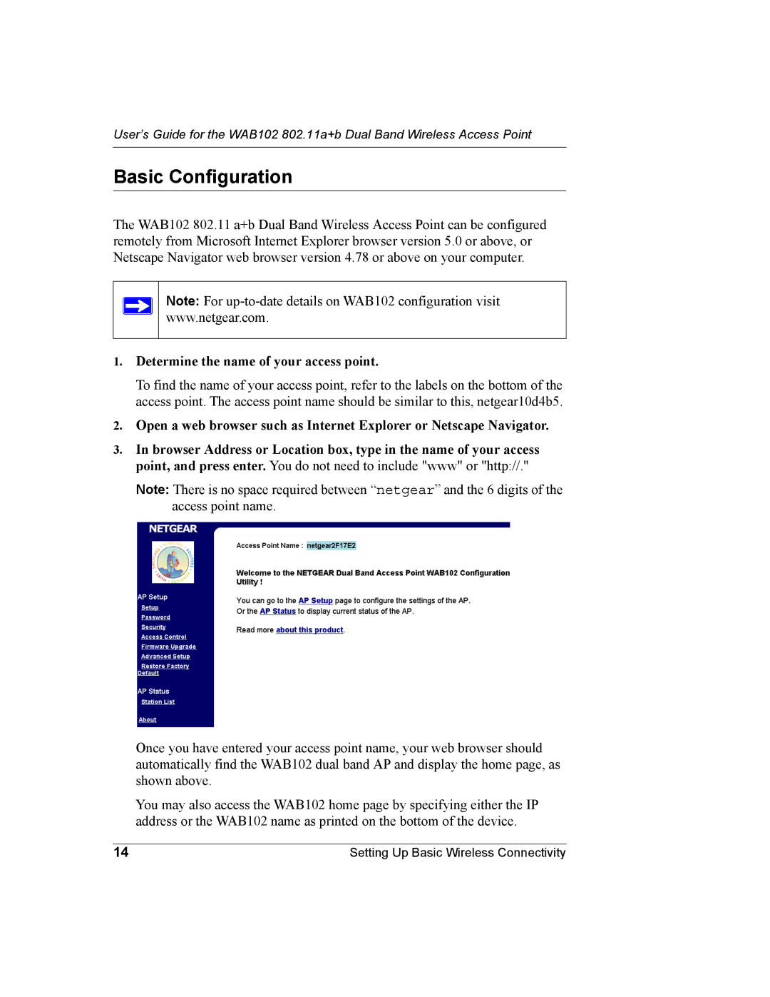 NETGEAR WAB102 manual Basic Configuration, Determine the name of your access point 