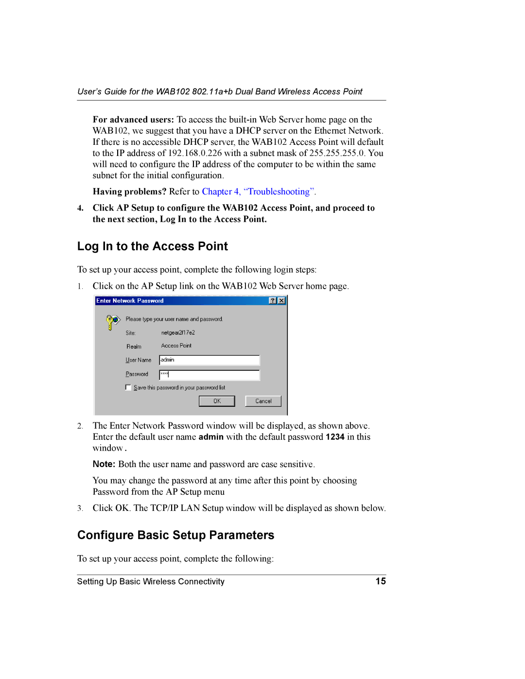 NETGEAR WAB102 manual Log In to the Access Point, Configure Basic Setup Parameters 