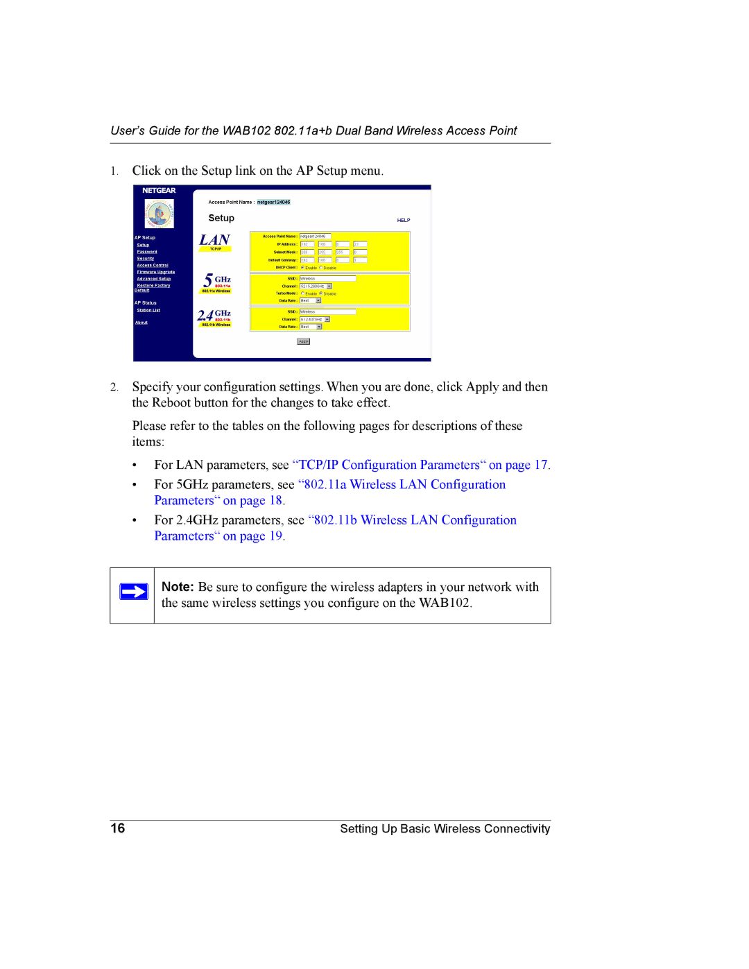 NETGEAR WAB102 manual For LAN parameters, see TCP/IP Configuration Parameters on 