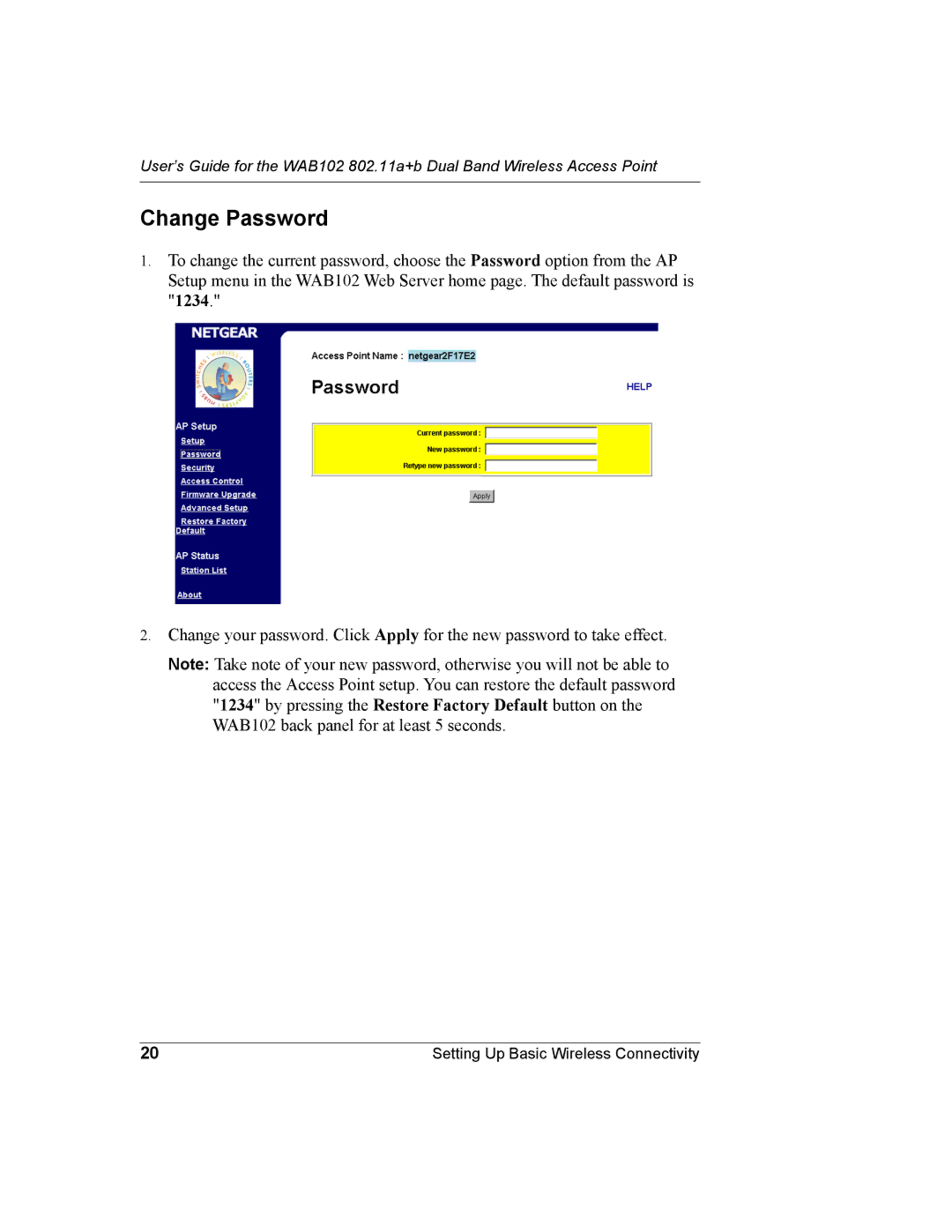 NETGEAR WAB102 manual Change Password 