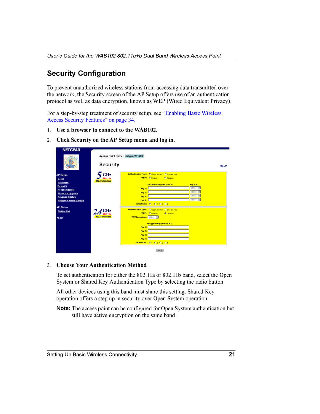 NETGEAR WAB102 manual Security Configuration 