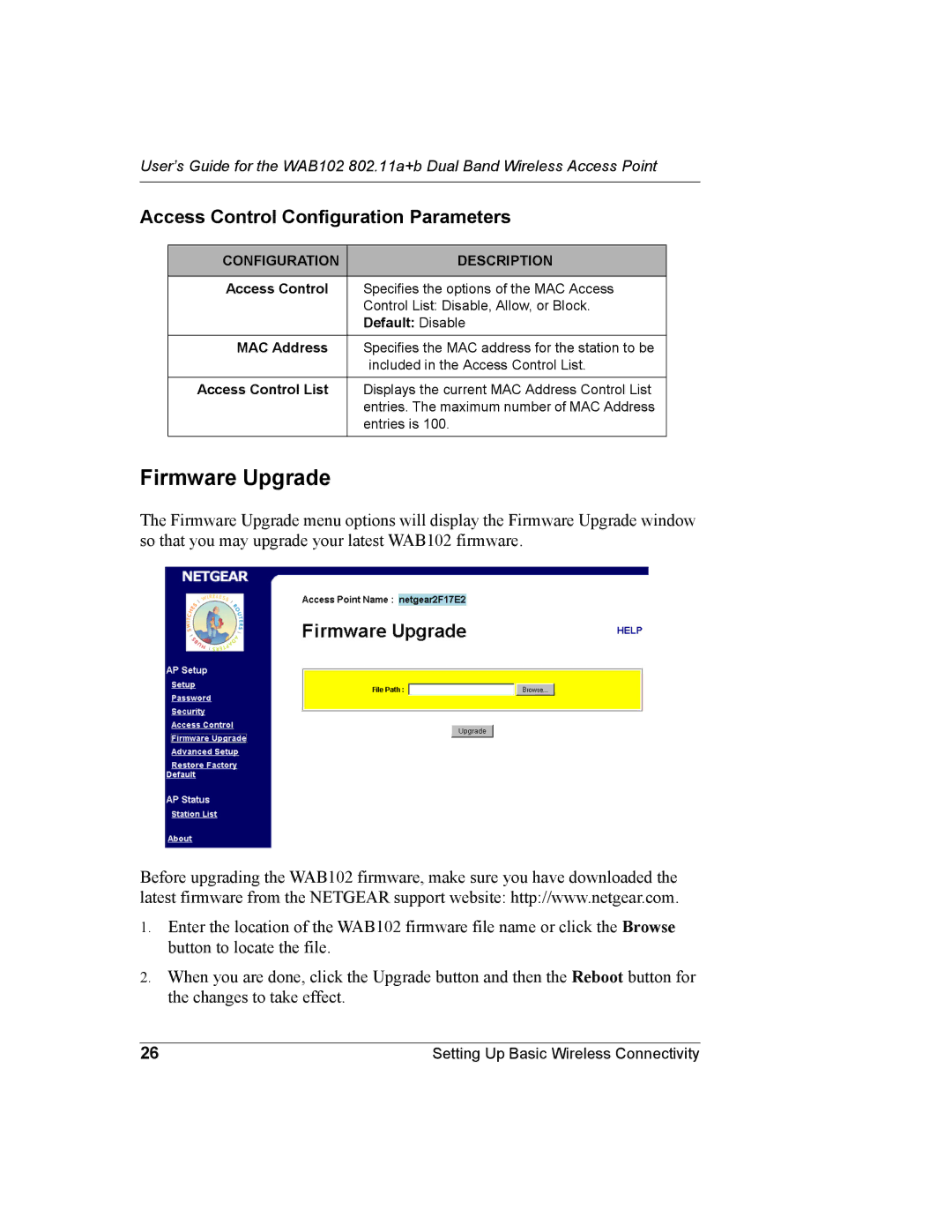 NETGEAR WAB102 manual Firmware Upgrade, MAC Address, Access Control List 