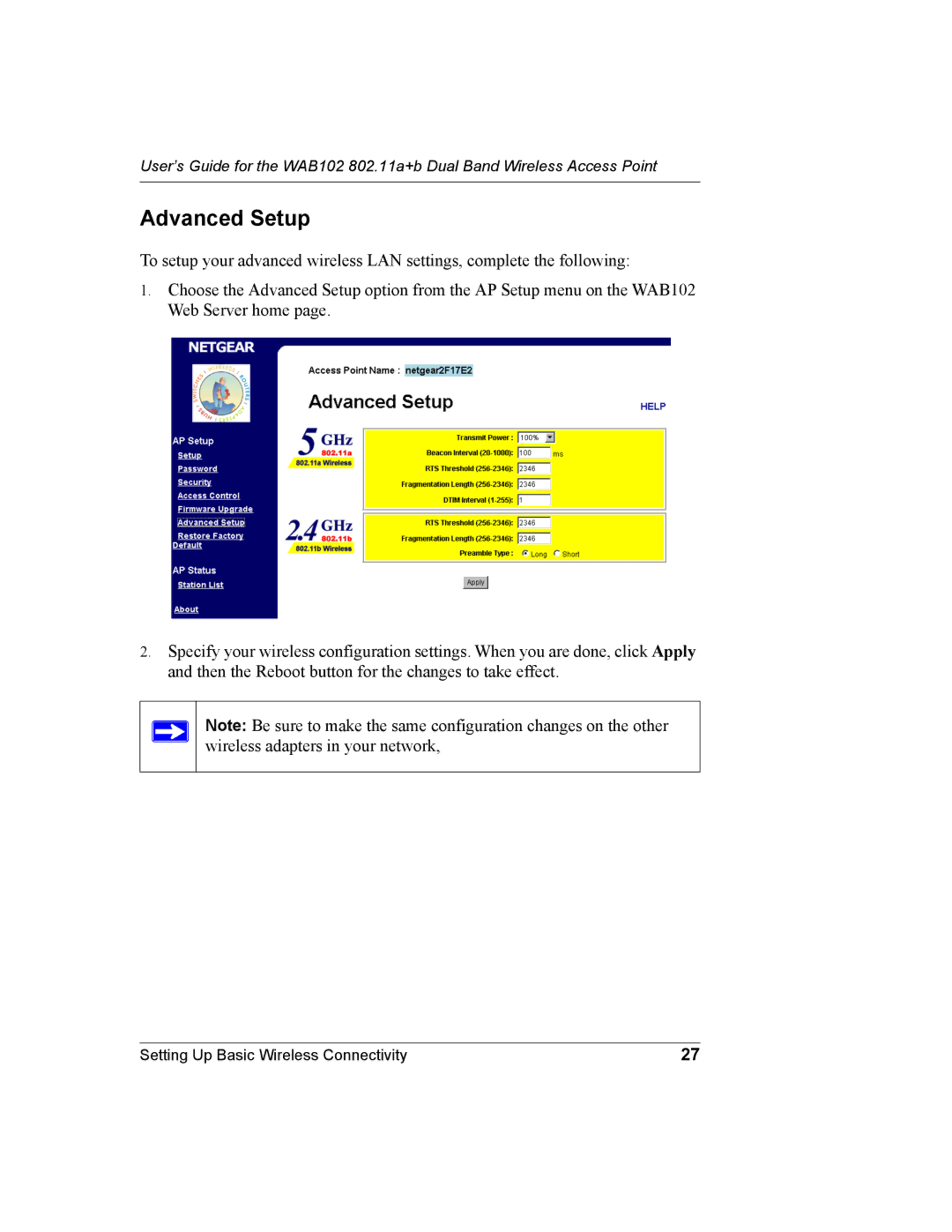 NETGEAR WAB102 manual Advanced Setup 