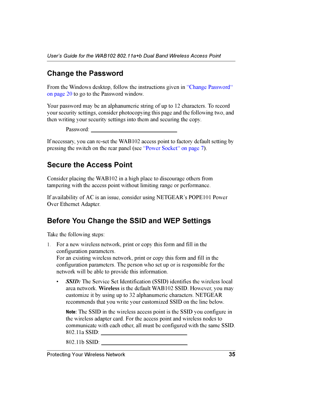 NETGEAR WAB102 manual Change the Password, Secure the Access Point, Before You Change the Ssid and WEP Settings 