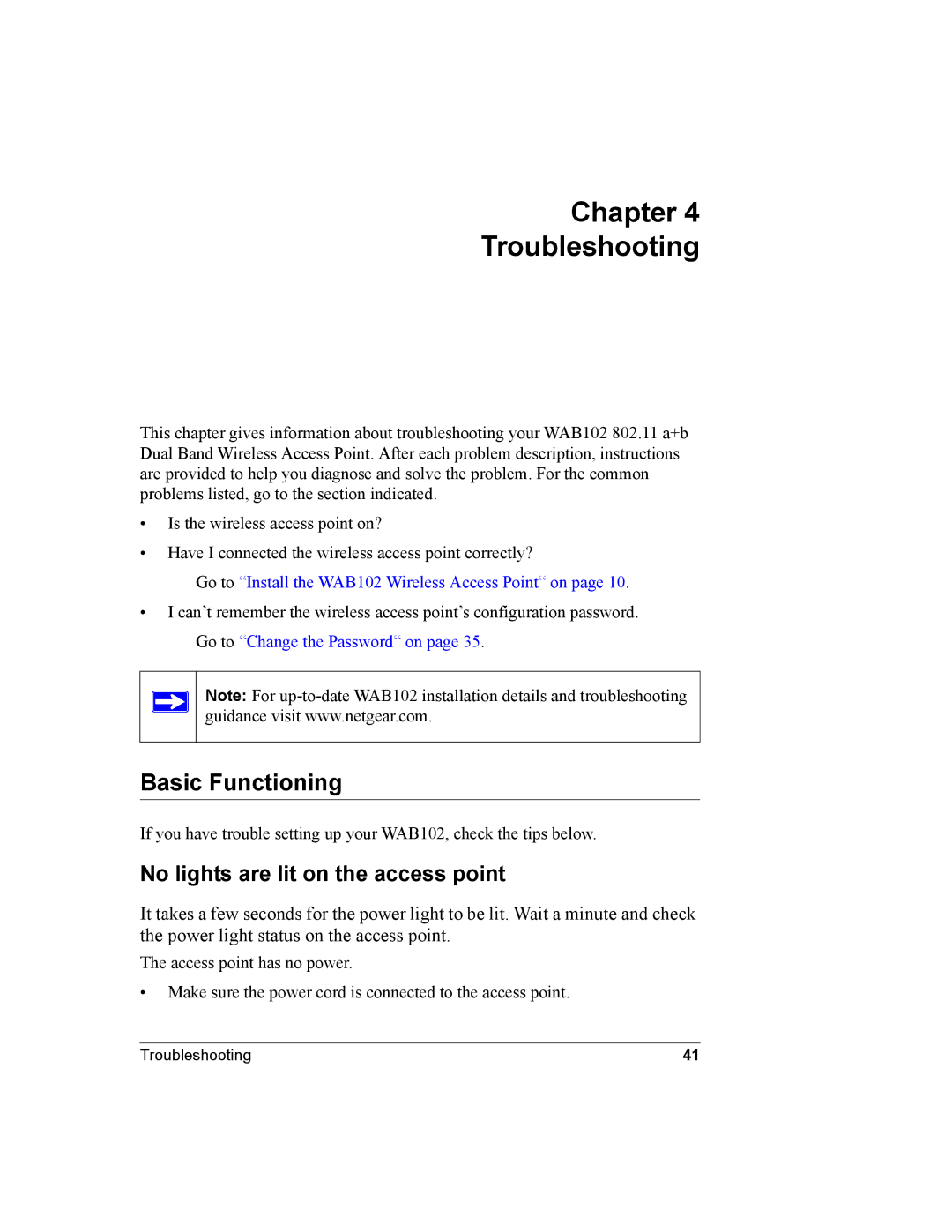 NETGEAR WAB102 manual Basic Functioning, No lights are lit on the access point 