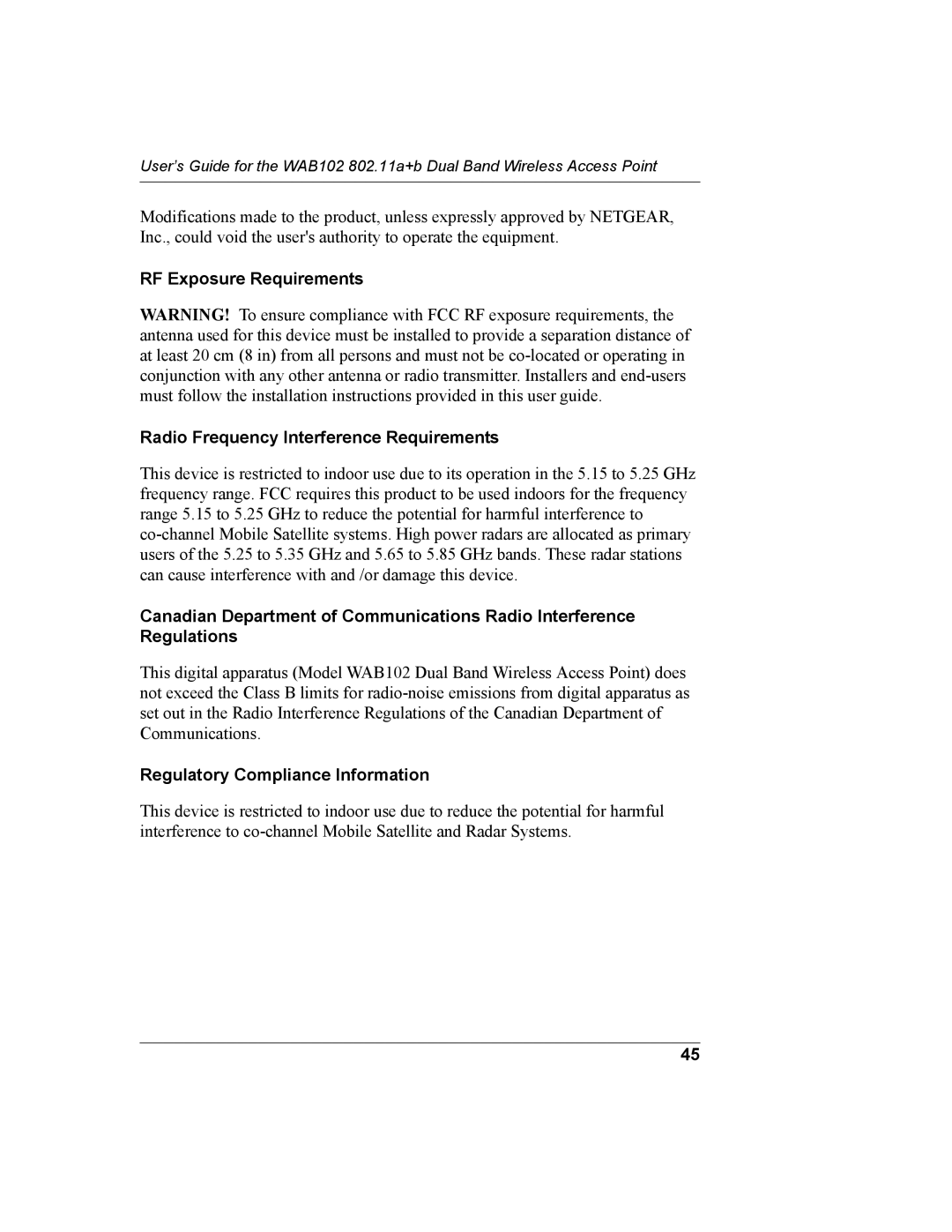 NETGEAR WAB102 manual Regulatory Compliance Information 