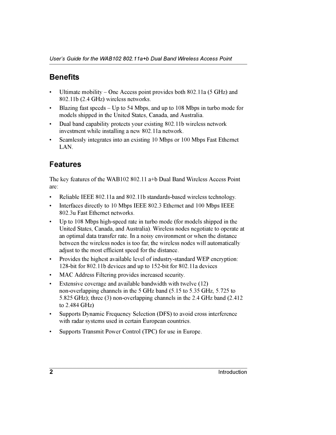 NETGEAR WAB102 manual Benefits, Features 