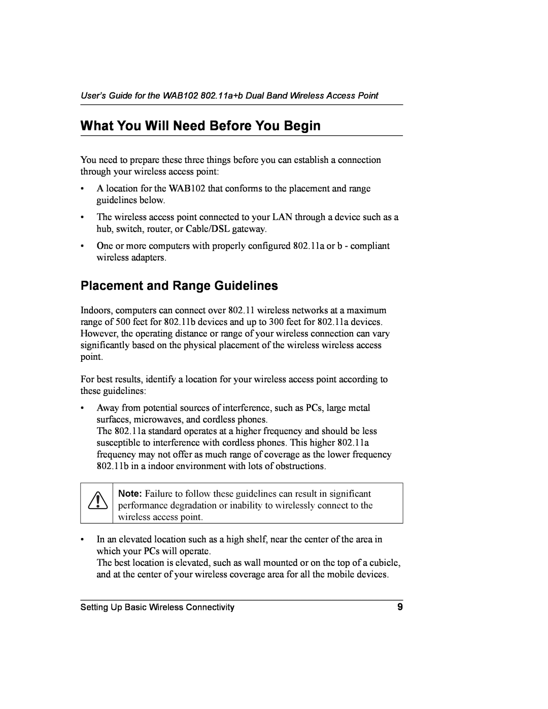NETGEAR WAB102 manual What You Will Need Before You Begin, Placement and Range Guidelines 