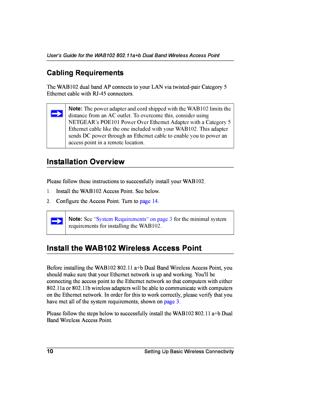 NETGEAR manual Installation Overview, Install the WAB102 Wireless Access Point, Cabling Requirements 