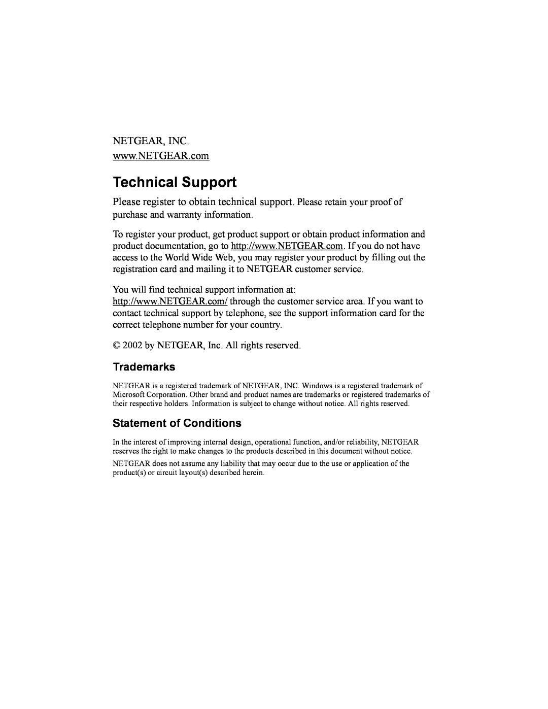 NETGEAR WAB102 manual Netgear, Inc, Technical Support, Trademarks, Statement of Conditions 