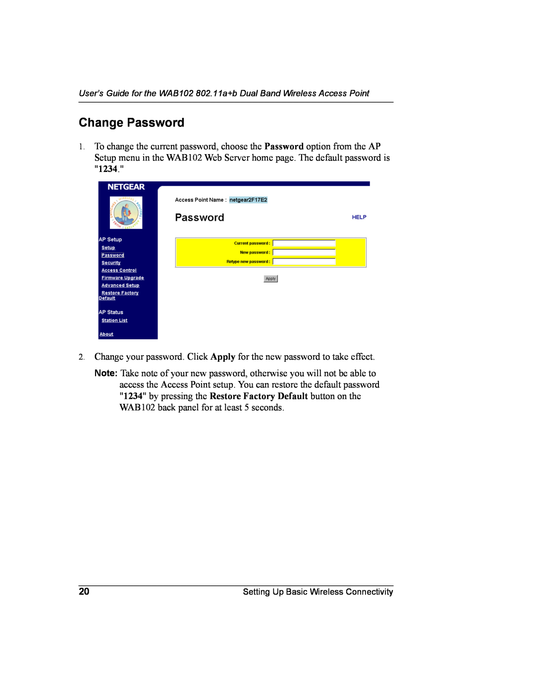 NETGEAR WAB102 manual Change Password 