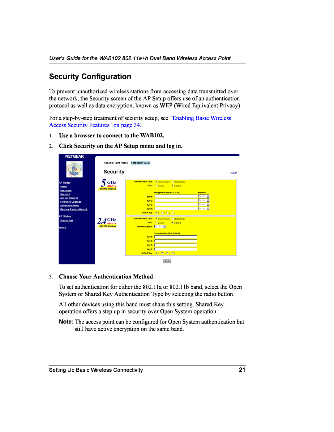 NETGEAR Security Configuration, Use a browser to connect to the WAB102, Click Security on the AP Setup menu and log in 