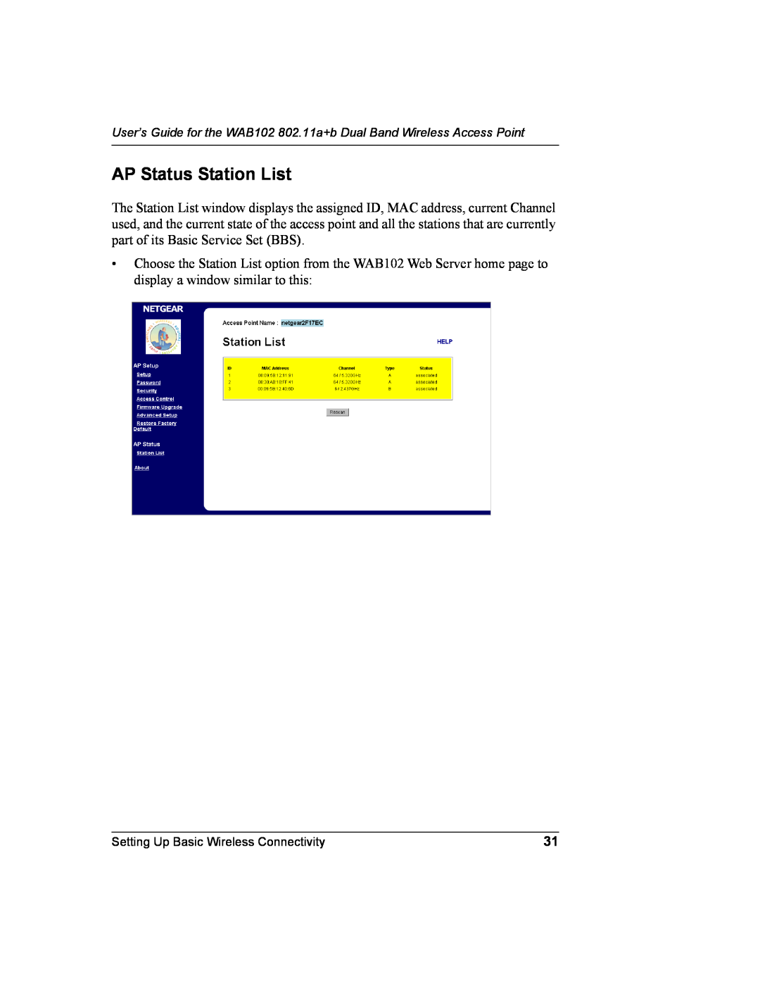 NETGEAR WAB102 manual AP Status Station List 