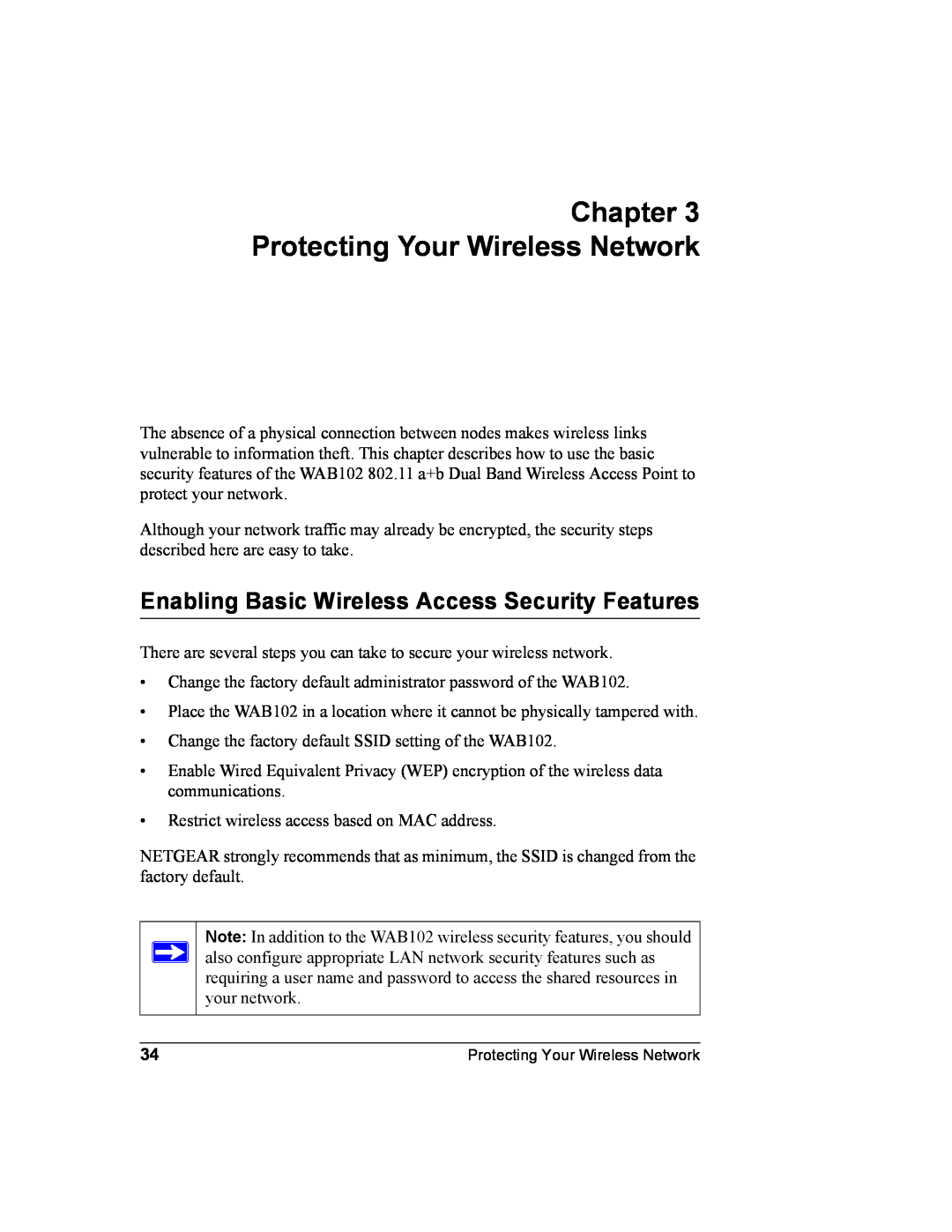 NETGEAR WAB102 manual Protecting Your Wireless Network, Enabling Basic Wireless Access Security Features 