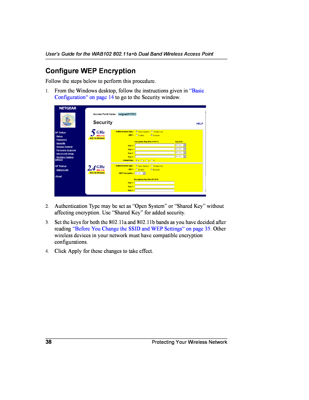 NETGEAR WAB102 manual Configure WEP Encryption 