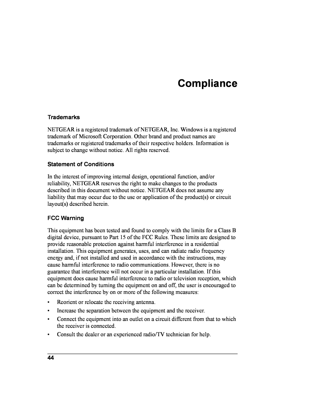 NETGEAR WAB102 manual Trademarks, Statement of Conditions, FCC Warning, Compliance 