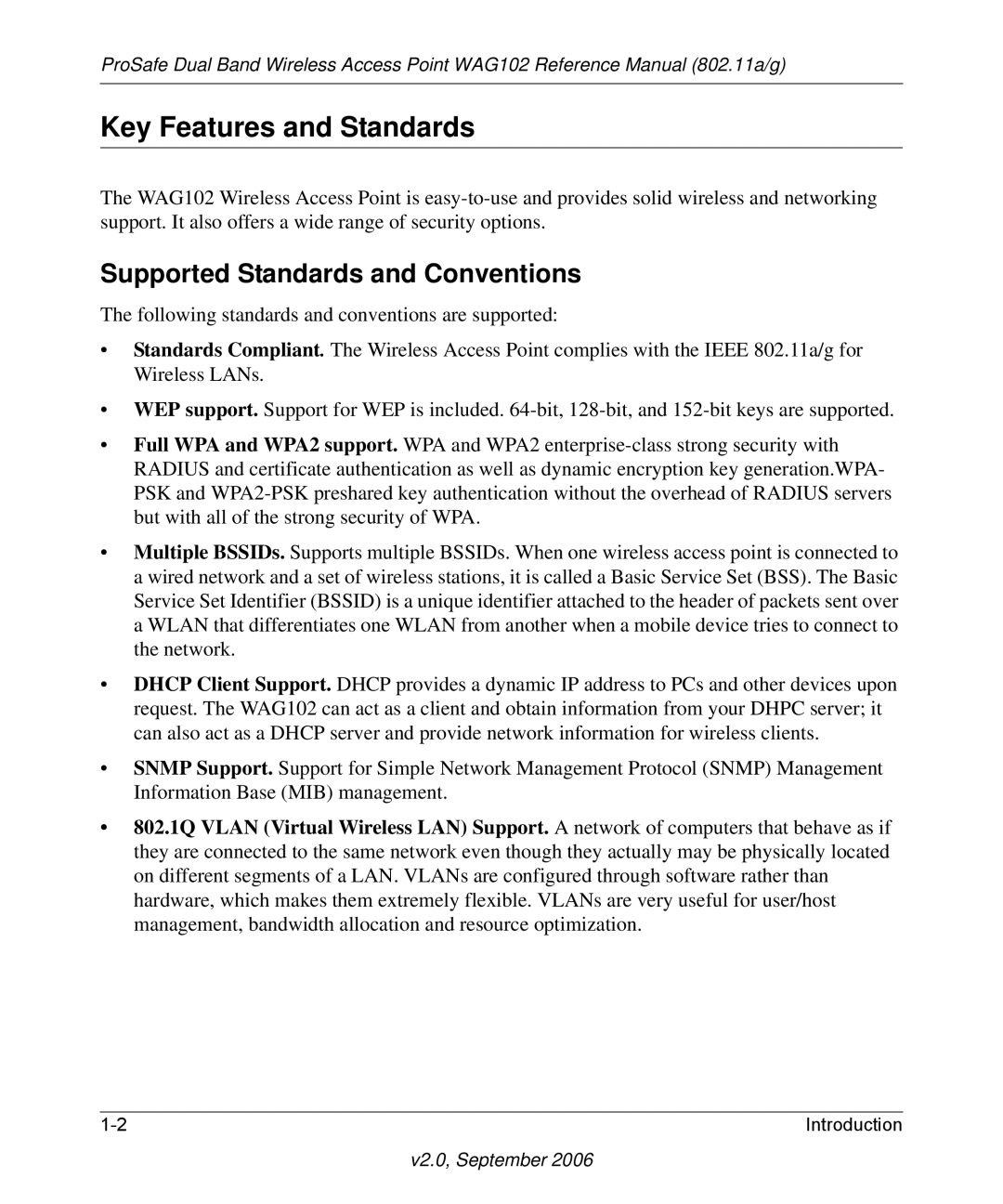 NETGEAR WAG102NA manual Key Features and Standards, Supported Standards and Conventions 