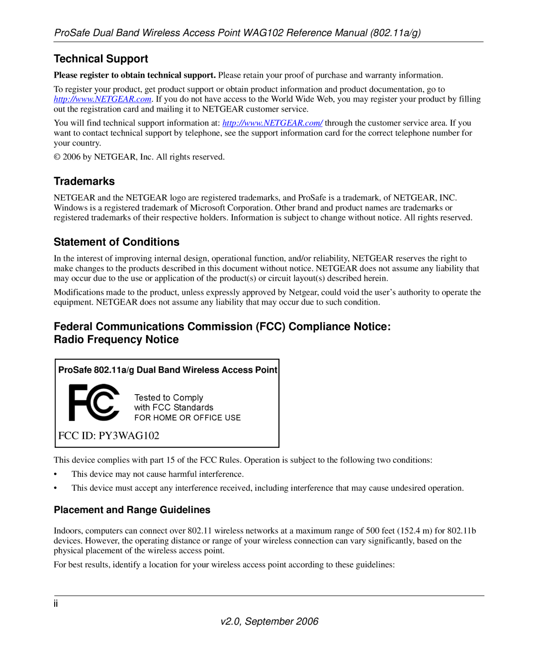 NETGEAR WAG102NA manual Technical Support, Trademarks, Statement of Conditions, Placement and Range Guidelines 