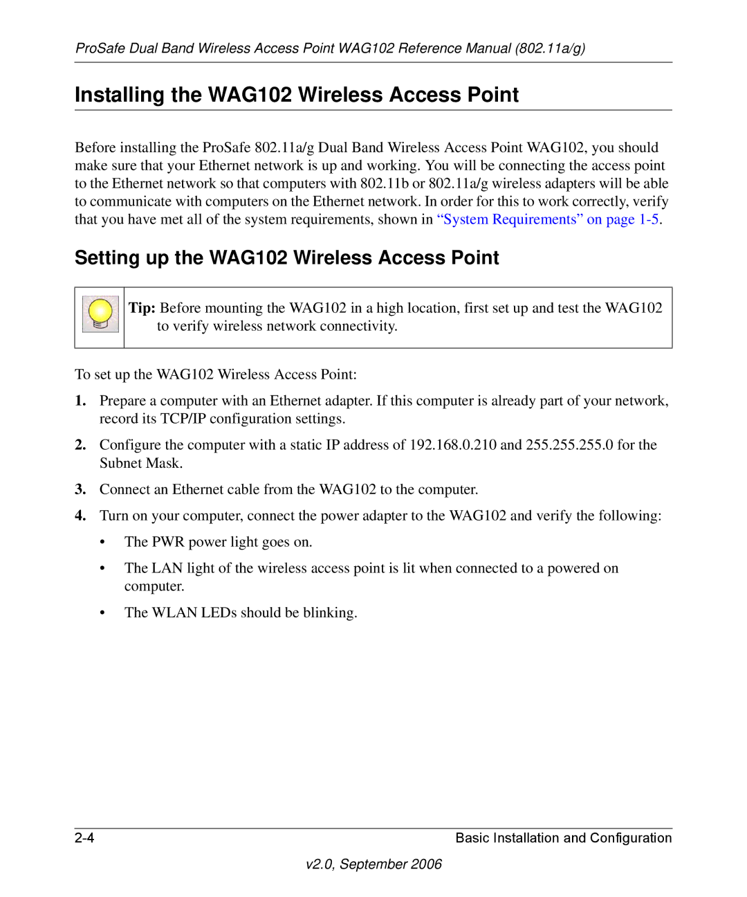 NETGEAR WAG102NA manual Installing the WAG102 Wireless Access Point, Setting up the WAG102 Wireless Access Point 