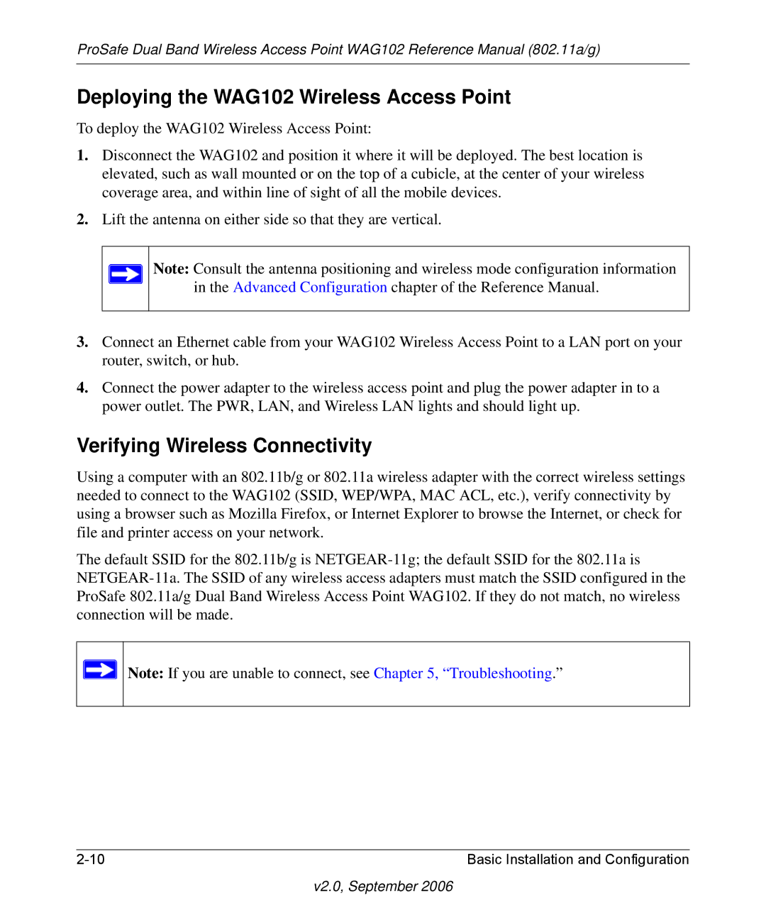 NETGEAR WAG102NA manual Deploying the WAG102 Wireless Access Point, Verifying Wireless Connectivity 