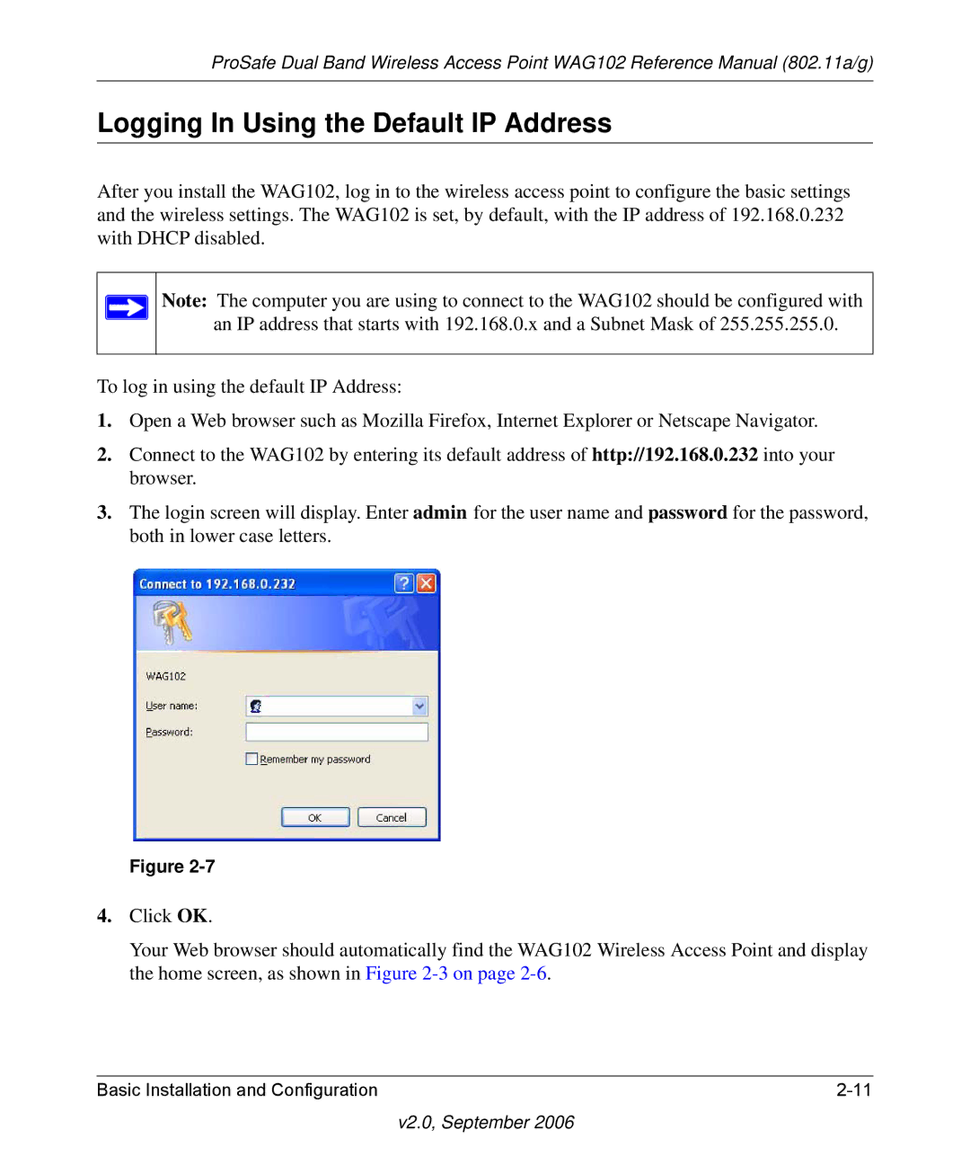 NETGEAR WAG102NA manual Logging In Using the Default IP Address 