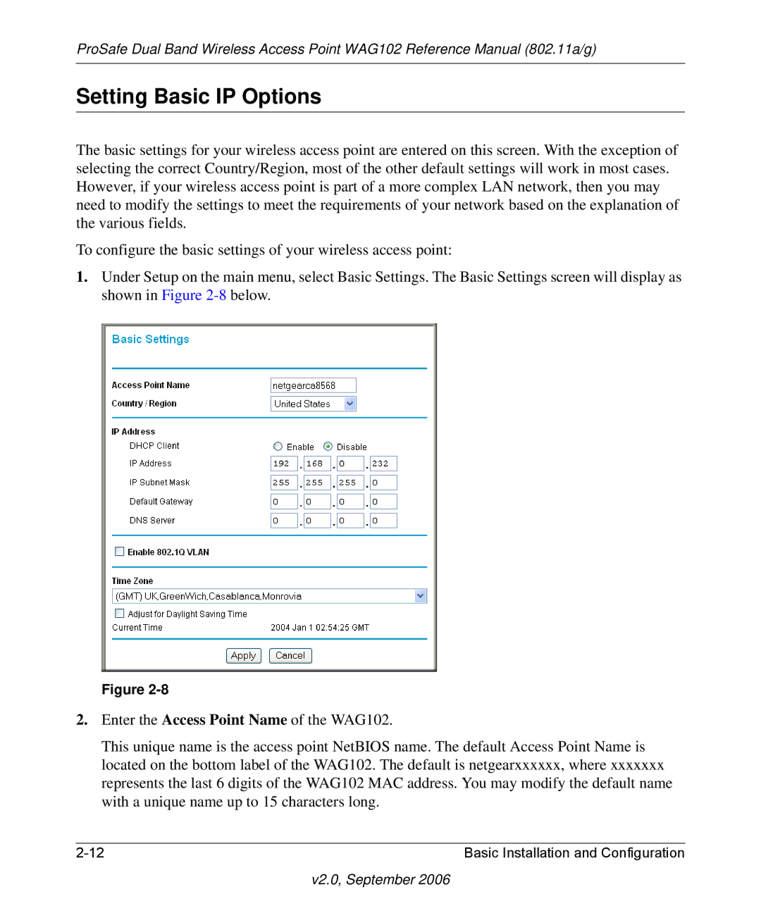 NETGEAR WAG102NA manual Setting Basic IP Options 