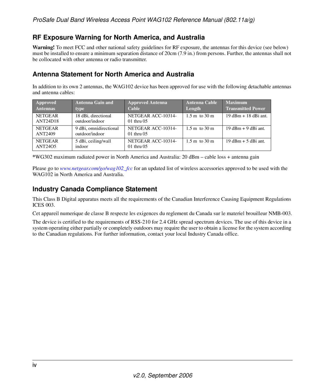 NETGEAR WAG102NA manual Industry Canada Compliance Statement 