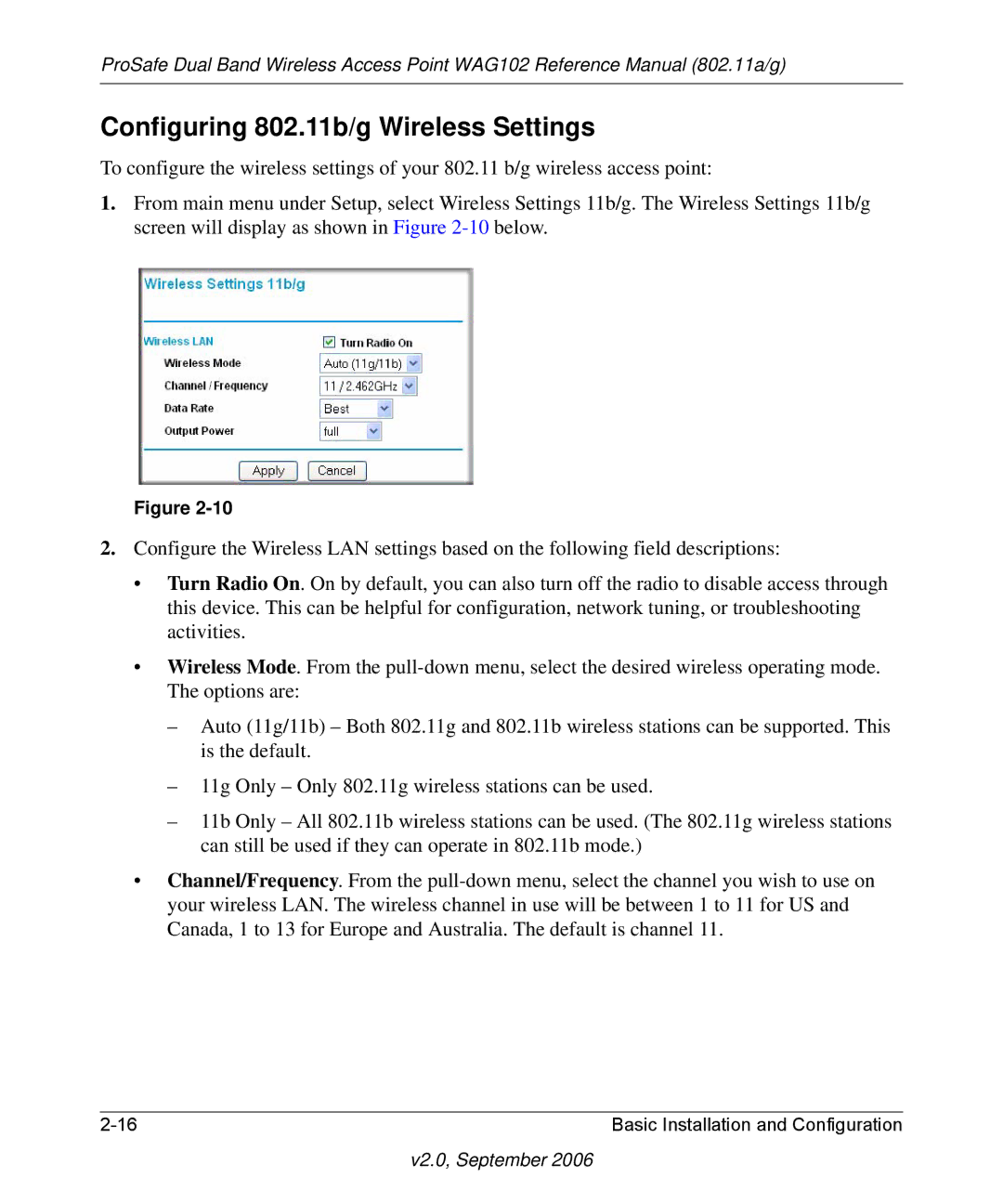 NETGEAR WAG102NA manual Configuring 802.11b/g Wireless Settings 