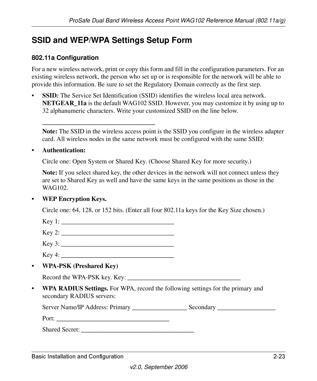 NETGEAR WAG102NA manual Ssid and WEP/WPA Settings Setup Form, 802.11a Configuration 