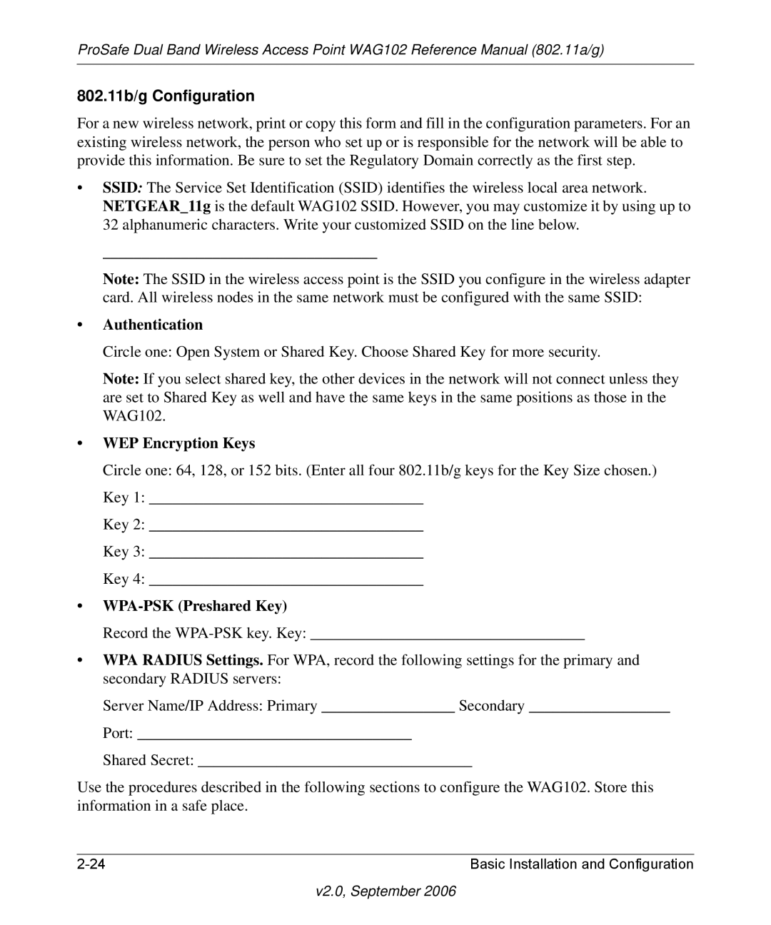 NETGEAR WAG102NA manual 802.11b/g Configuration 