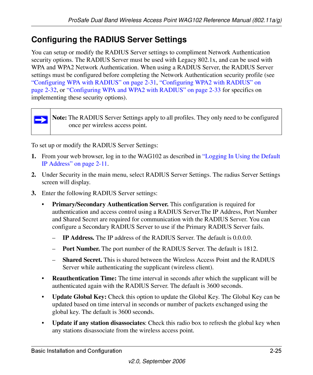 NETGEAR WAG102NA manual Configuring the Radius Server Settings 