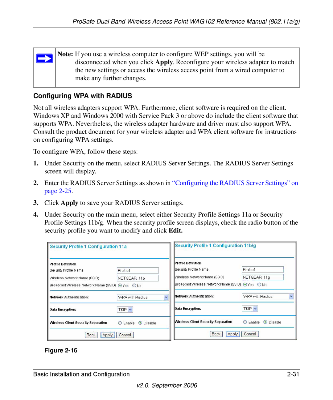 NETGEAR WAG102NA manual Configuring WPA with Radius 